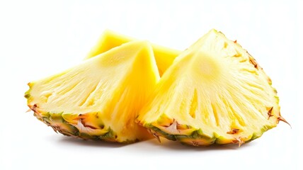 A slice of pineapple is cut in half and placed on a white background