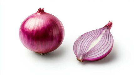Two onions, one whole and one cut in half, are shown on a white background