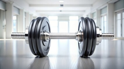 Naklejka premium Black dumbbell is lying on the floor in a gym with a lot of natural light coming through the windows