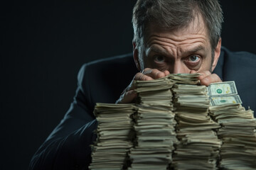 A businessman with guilty expression hiding behind stacks of cash.