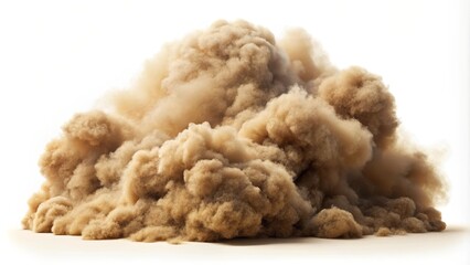 Large cloud of dust and sand is exploding outward on a white background
