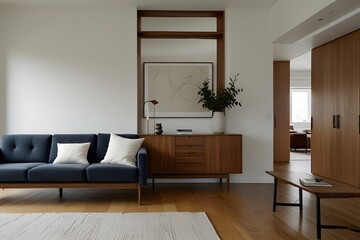 Simple & clean. With walls, wooden furniture, and minimalist design.