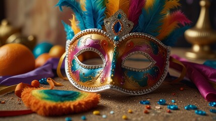 Joyful Purim carnival with colorful costumes and masked participants