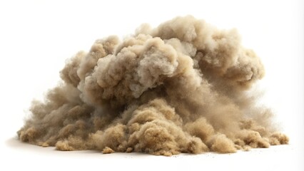 Large cloud of dust and sand is exploding outward on a white background