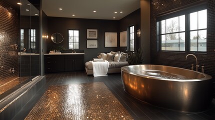 Industrial glam bathroom with metallic accents. The room is decorated with gold accents and has a modern, sophisticated feel.