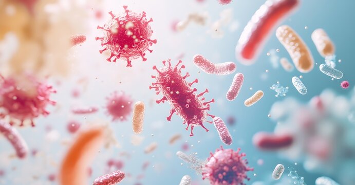 A microscopic view of various bacteria and viruses, highlighting the diverse shapes and sizes of these microorganisms.