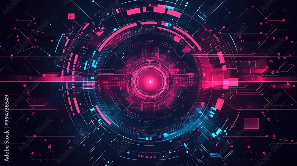 Poster abstract futuristic digital interface with glowing pink and blue lines and shapes.