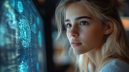  College student working on computer using AI artificial intelligence technology & machine learning. Interactive technology in classroom. Innovation & smart tech. AI blue holographic data in education