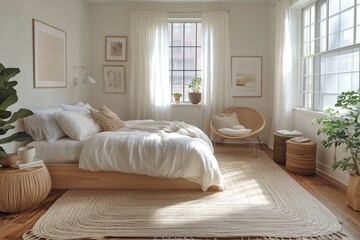 Minimalist Scandinavian bedroom and wood furniture and cozy textiles. The room is decorated with a white color theme and has a natural feel to it.