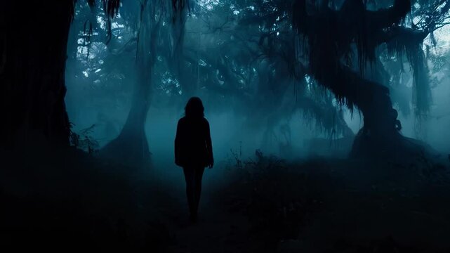 A spooky hooded figure in a forest on a moody, foggy winters day.
