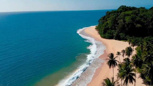 Aerial view along tropical white sand beach panorama with turquoise ocean and palm trees.