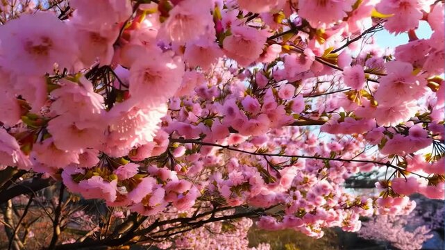 Pink Cherry blossom or sakura flowers blossoming in spring.
