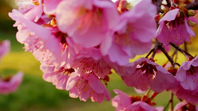 Pink Cherry blossom or sakura flowers blossoming in spring.
