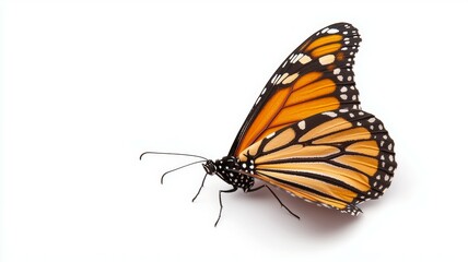 A butterfly with orange wings is laying on a white background