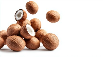 A pile of coconuts with one of them open