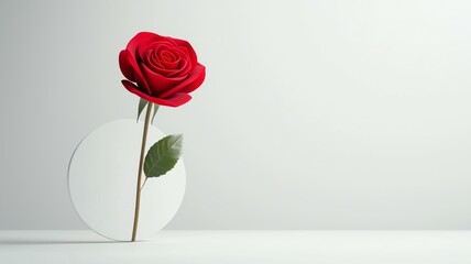 A red rose is standing in a white vase