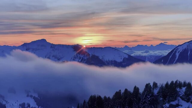 Panoramic view to summit and snow peaks with beautiful sunlight. Scenery view down on snow covered valley.