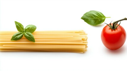 A plate of pasta with a tomato and basil leaf on top