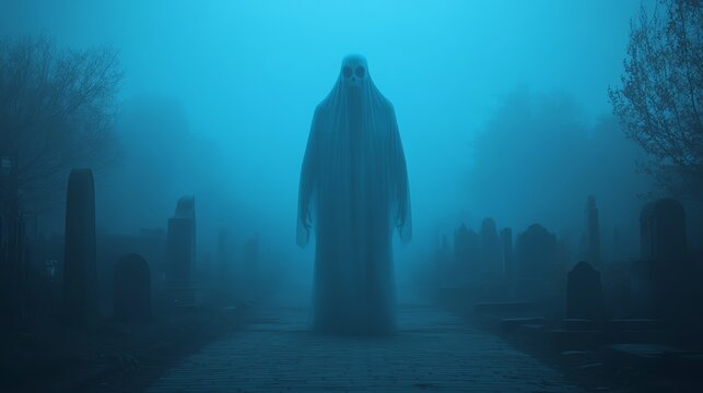 A mysterious apparition looms in a foggy graveyard, shrouded in darkness and evoking feelings of eeriness and intrigue.