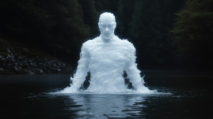 Obraz premium Ethereal figure rising from water, surrounded by dark forest. A captivating blend of nature and surrealism, evoking mystery and wonder.