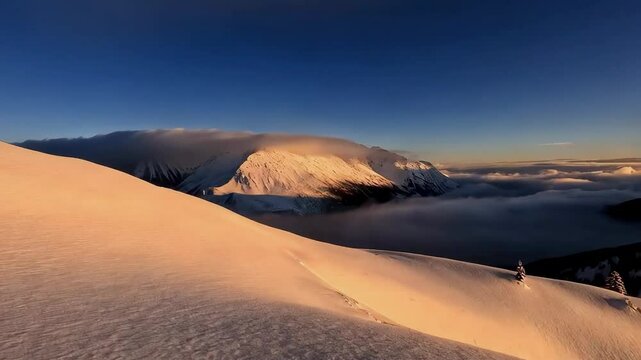 Panoramic view to summit and snow peaks with beautiful sunlight. Scenery view down on snow covered valley.
