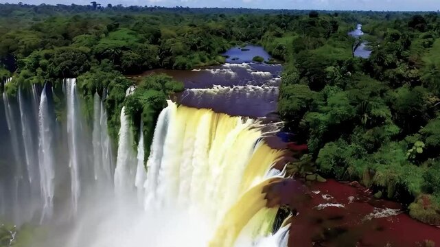 Huge majestic waterfall scenery. Fantasy imaginary view.