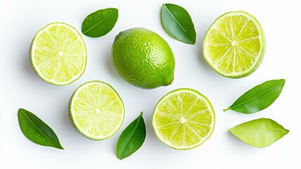 A bunch of lime slices and leaves are spread out on a white background