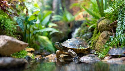 Fototapeta premium Tropical turtle tank with a waterfall and lush greenery