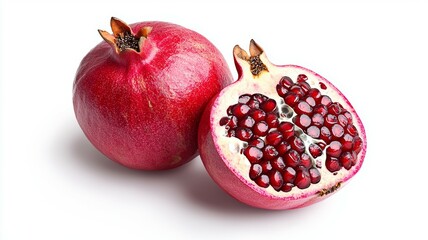 Two red pomegranates, one whole and one cut in half