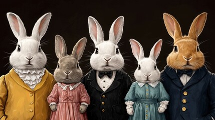 Fototapeta premium Family Portrait of Adorable Bunnies in Formal Attire