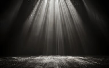 A spotlight illuminates a dark wooden stage with beams of light, creating a dramatic and mysterious atmosphere.