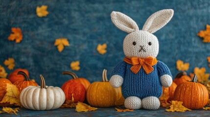 Cute Knitted Bunny with Pumpkins and Autumn Leaves for Fall Decor