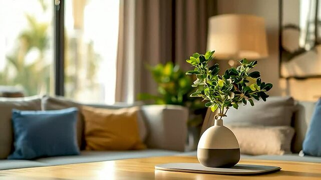 a living room with a vase of flowers on a table