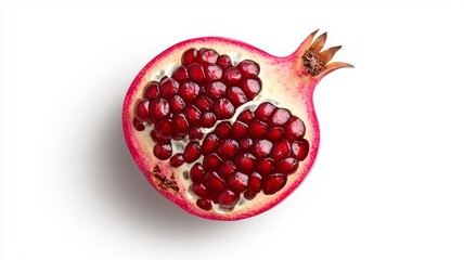 A red pomegranate is sliced open, revealing its juicy, red interior