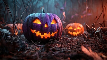 Spooky Halloween Jack o Lantern with Glowing Eyes in Forest Setting
