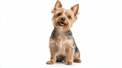 A small dog with a black nose and a black mouth is sitting on a white background