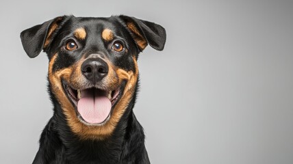 Obraz premium A black and brown dog with a pink tongue is smiling