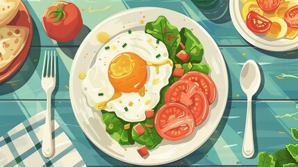A Plate of Fried Egg, Tomato, and Greens on a Blue Table