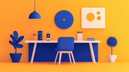 Minimalist Modern Home Office Desk with Blue and Yellow Decor
