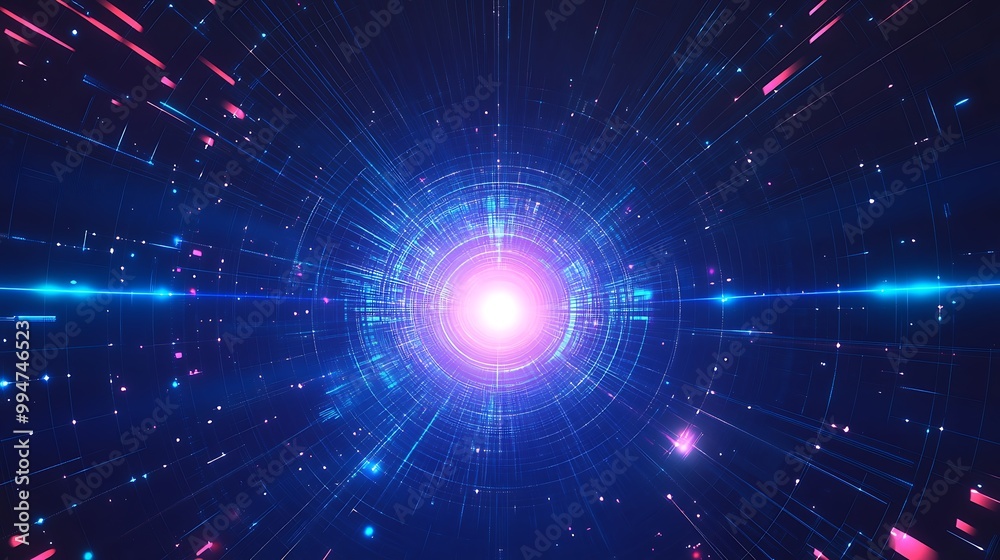 Poster abstract digital tunnel with bright light and lines.
