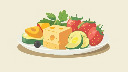Plate of Cheese, Strawberries, Cucumber, and Olives