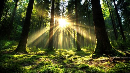 Fototapeta premium Sunbeams Through Forest Canopy Nature Photography