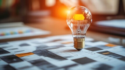 Lightbulb on desk with papers, symbolizing creativity and innovation