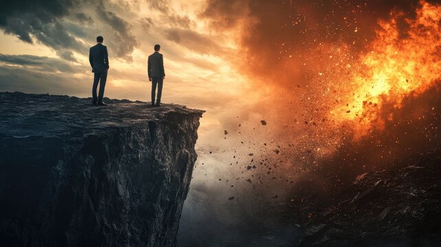 Two men in suits stand on cliff's edge with explosion background