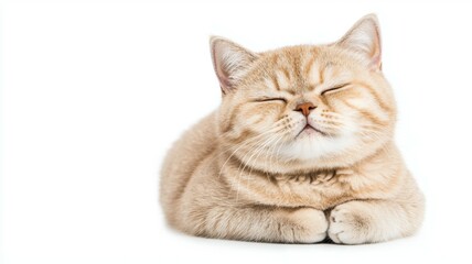 A cat is laying down on a white background