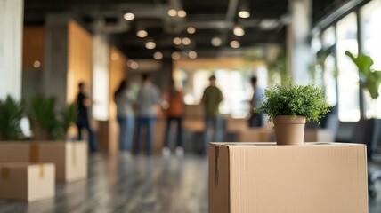 Office relocation with people, boxes, and plants in modern workspace