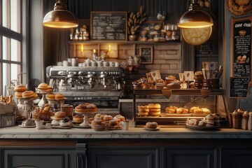 Cozy bakery with various pastries displayed in warm ambient lighting. A perfect setting with rustic decor and fresh, delicious baked goods.