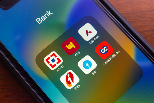 Vancouver, CANADA - Sep 9 2024 : HDFC, PNB, Axis Bank, ICIC, SBI and Kotak Mahindra icons are displayed on an iPhone screen. Indian bank concept image.