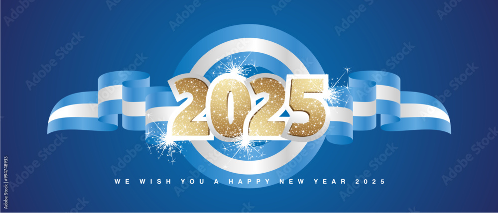 Wall mural 2024 new year emblem design template with golden glitter 2025 front on argentina light blue white wa