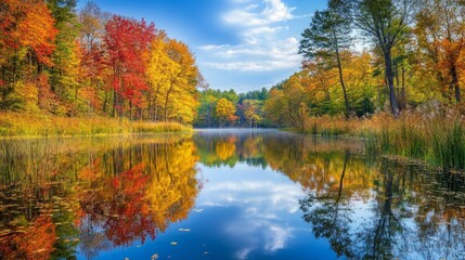 Fototapeta premium Autumnal Forest Reflecting in Still Lake Water